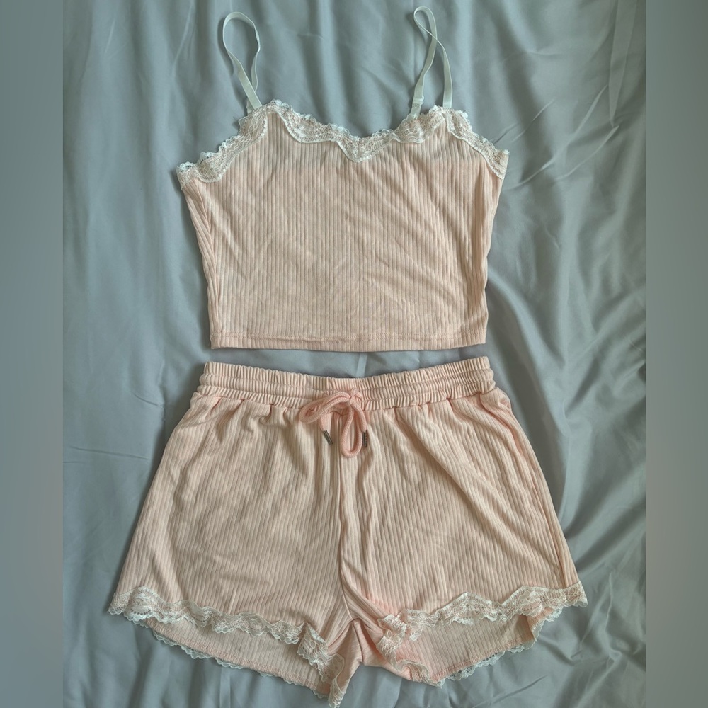 Amazon Pink and White Pajama Set with Lace Trim